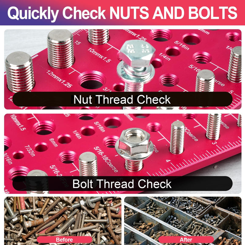 Nut and Bolt Thread Checker 32 SAE & 32 Metric Rustproof Solid Non-Deformable Thread Checker, Wall-Mountable Bolt Size Finder Tool, Bolt and Nut Sizer and 19 Drill Bit Sizes for Quick Measurement Red Thread Checker
