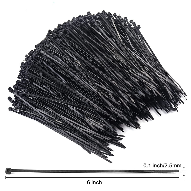 [Australia - AusPower] - 1000 Pcs Zip Ties, 6 Inch Self-Locking Nylon Cable Ties, Premium Heavy Duty Plastic Wire Ties Wraps for Indoor and Outdoor (Black) 6" Black 