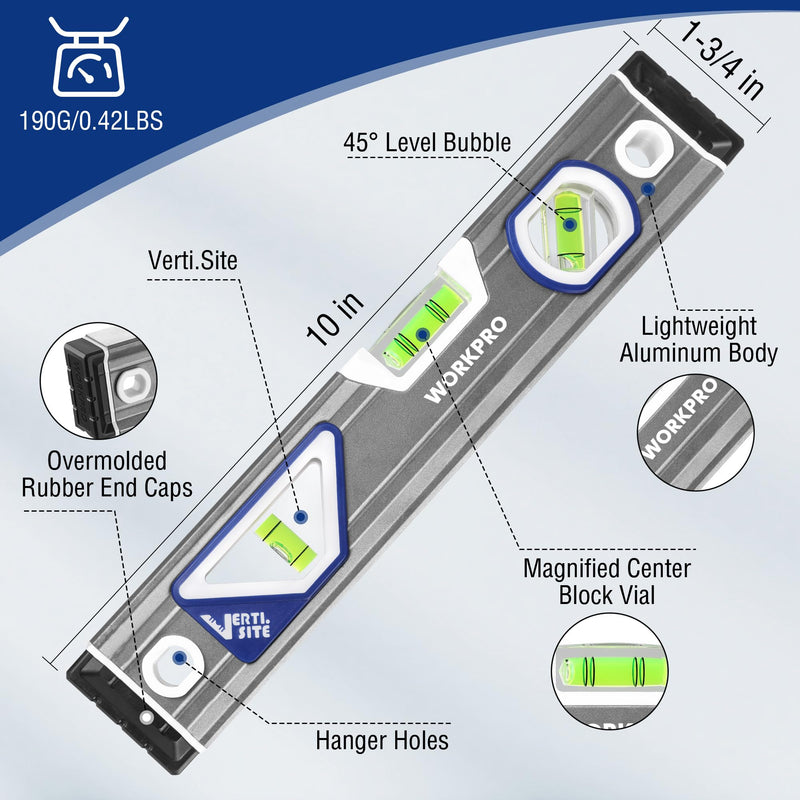 [Australia - AusPower] - WORKPRO Magnetic Torpedo Level Verti. Site 4 Vial and 10 Inch Torpedo Level 