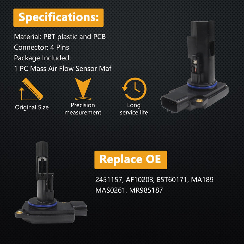 Mass Air Flow Sensor for Mitsubishi Lancer 2.0L 2.4L 2004-2011 / Outlander 2.4L 3.0L 2004-2011 / Galant 2.4L 3.8L 2004-2011 / Eclipse 2.4L 3.8L 2006-2012 / Endeavor 04-11 MR985187 E5T60171