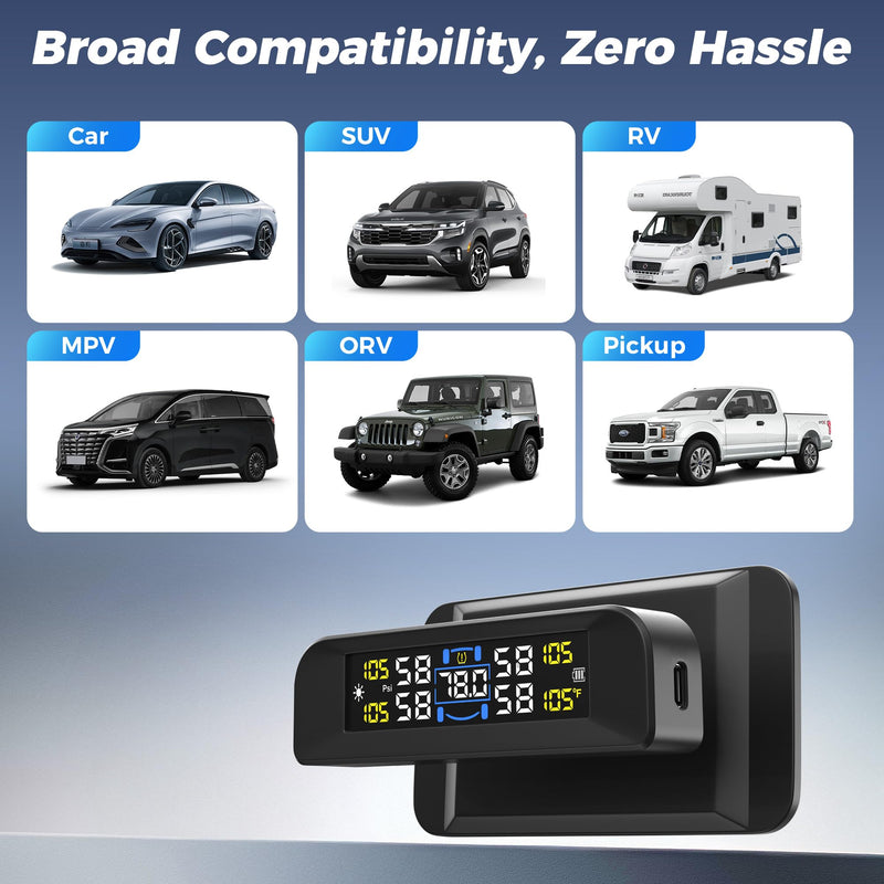 [Australia - AusPower] - 4 Sensors TPMS Tire Pressure Monitoring System, 6 Smart Safety Alerts, Adaptive Bright LCD, Solar/USB Charging, 0-6 Bar/87 PSI, Easy to Intall on Windshield for Car SUV MPV Trailer Truck 4 Sensor 0-87Psi 