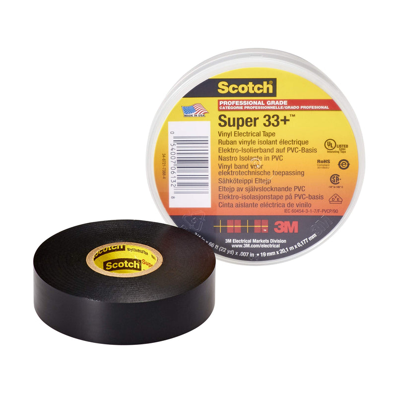 3M Scotch Super 33+ Electrical Tape - 3/4 in x 52 ft, Premium Grade All-Weather Vinyl, Resistant to Abrasion, Moisture, Corrosion, Alkalies - Black, 1 Roll 3/4" X 52'