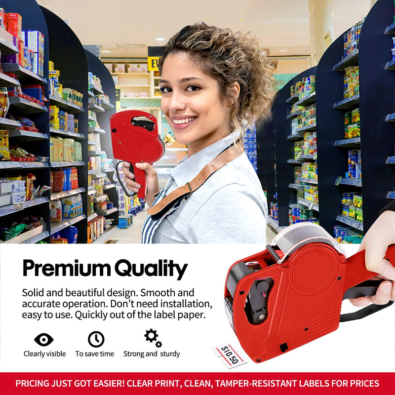 KPX MX5500 Pricing Tag Gun with 5150 pcs White Label Gun Stickers & 3 Extra Inker Rollers, Pricing Label Gun, 8 Digits Retail Pricing Gun and Labels for Grocery Store, Food (Red) Red