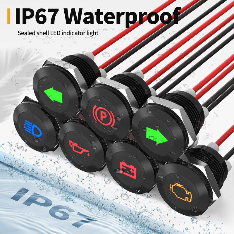 [Australia - AusPower] - 12V LED Indicator Light Small Indicator Light Waterproof 1/2" Panel Cutout 12 Volt 24 Volt Metal LED Indicator Pilot Dash Light with 300MM Wires -7PCS 