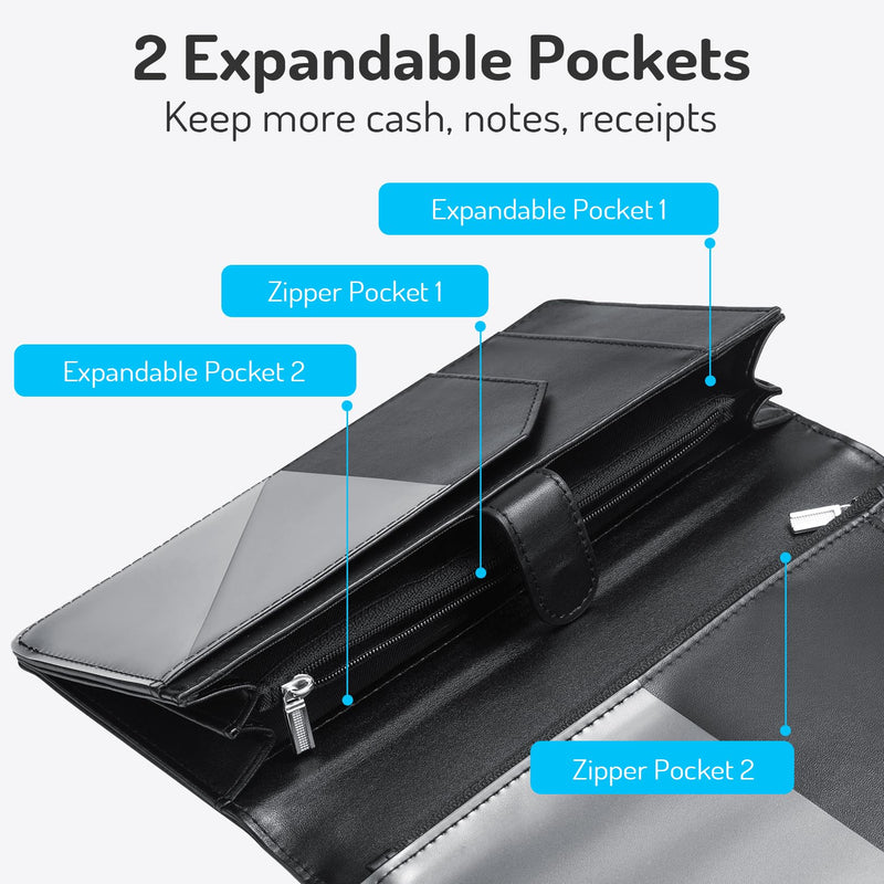 [Australia - AusPower] - Server Book High Volume, Expandable Server Books for Waitress, Waiter Book, Sturdy Leather Waitress Book with 2 Zipper Pockets and Magnetic Pocket, Server Books Booklet Fit Server Apron (Black) Black 