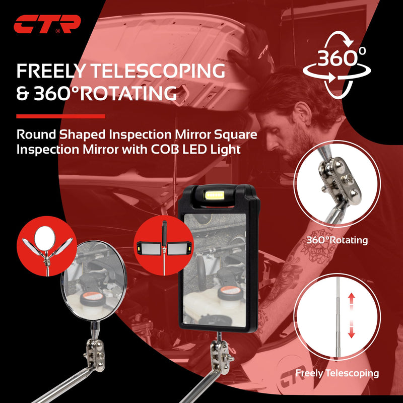 CTR 5PCS Telescoping Magnetic Pickup Tool Kit with Super Bright COB LED Square Inspection Mirror, Flexible Magnet Flashlight, Adjustable Inspection Tool with Long Handle - Best Gadgets Gifts for Men Red