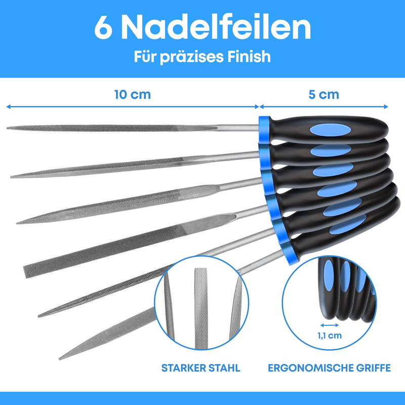 [Australia - AusPower] - EffektWerk - 6-pc Needle File Set for Wood, Metal, Plastic & Jewellery - Small Round, Half-Round, Square, Triangle, Flat & Flat Pointed Files - Handy Tools for Fine Finishing w/Ergonomic Handles 