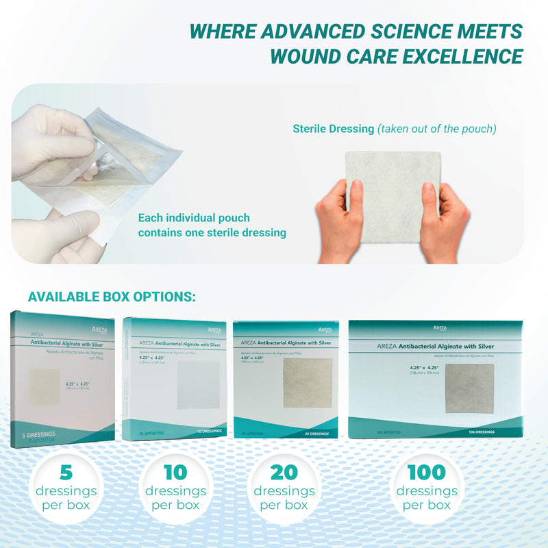 [Australia - AusPower] - Areza Medical - Silver Alginate (Antibacterial Alginate with Silver) - Sterile - Wound Dressing Pads - 4.25" X 4.25" (10.8 cm X 10.8 cm) - 10 PCS per box 