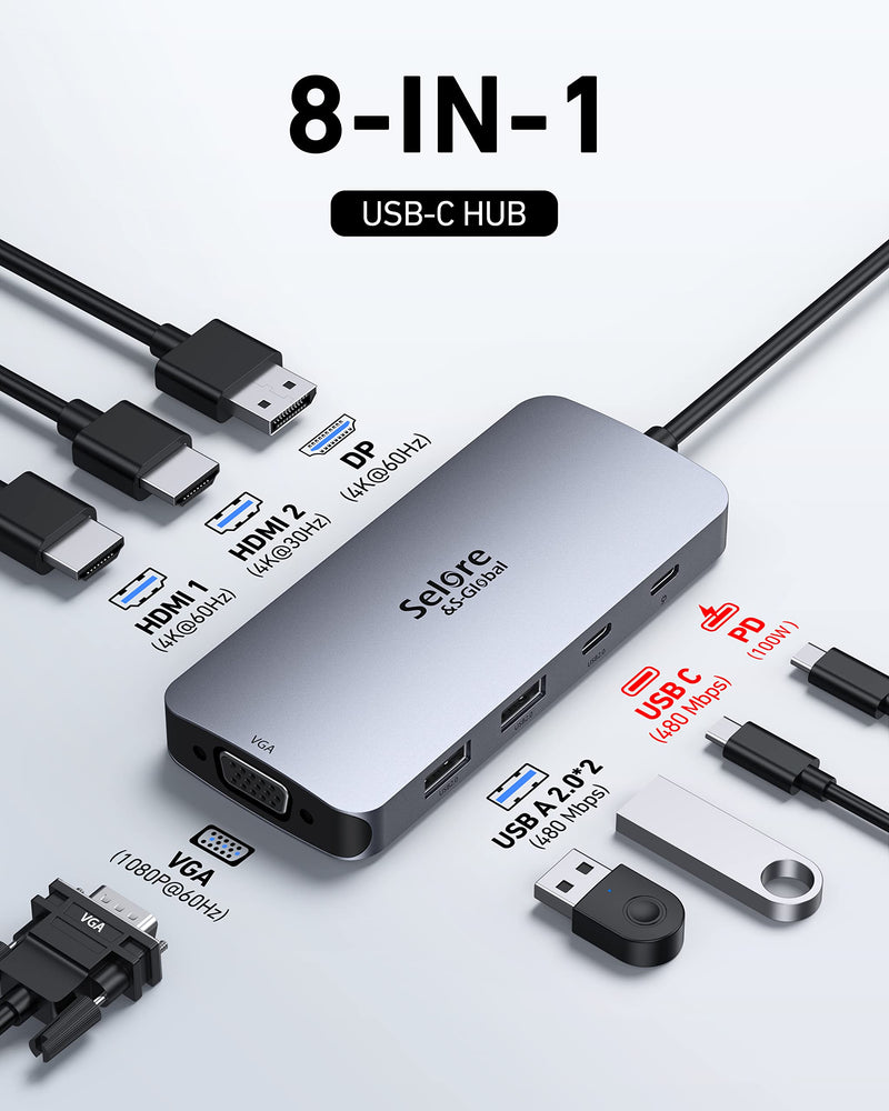 [Australia - AusPower] - USB C Docking Station Dual HDMI Monitor Adapter, Selore USB C Hub 3 Monitors Adapter with Dual HDMI, Displayport, VGA, 100W PD Charging, 2USB A 2.0,USB C 2.0 Ports Adapter for Dell XPS,HP, Lenovo,etc Gray+PD 