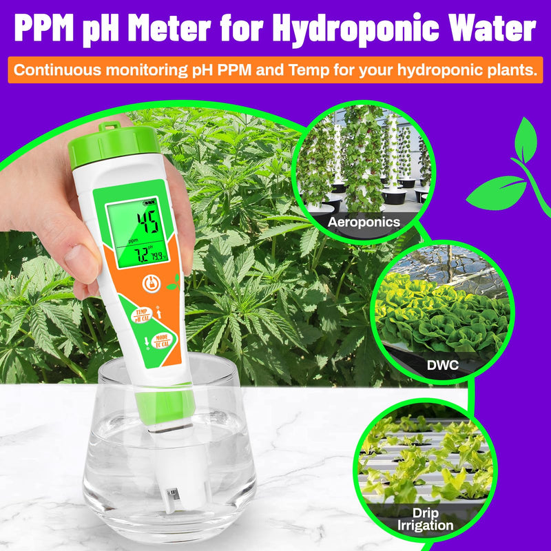 [Australia - AusPower] - pH Meter for Water Hydroponics Nutrient 4 in 1 Digital EC pH TDS Temp Meter for Water System PPM and EC Water Tester for Hydroponics, Indoor/Outdoor Plant Grow, DWC System, Gardening 