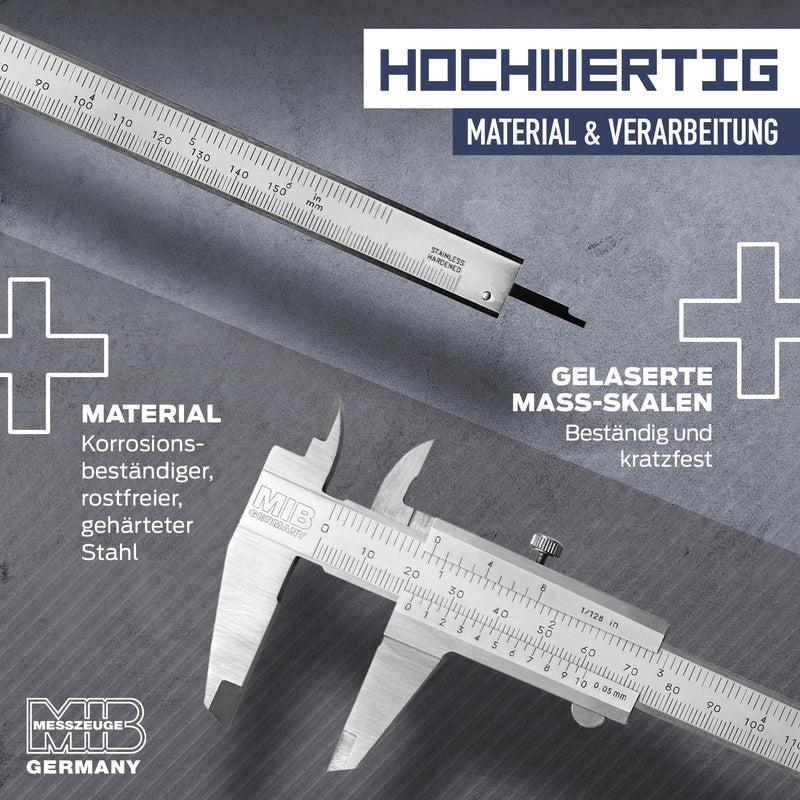 MIB Vernier Caliper Analogue 150 mm | Calliper Analogue | Vernier Caliper | DIN 862 | Thrust gauge made of stainless steel with locking screw | Matt chrome-plated | Caliper for precise 4-way DIN 862 150mm