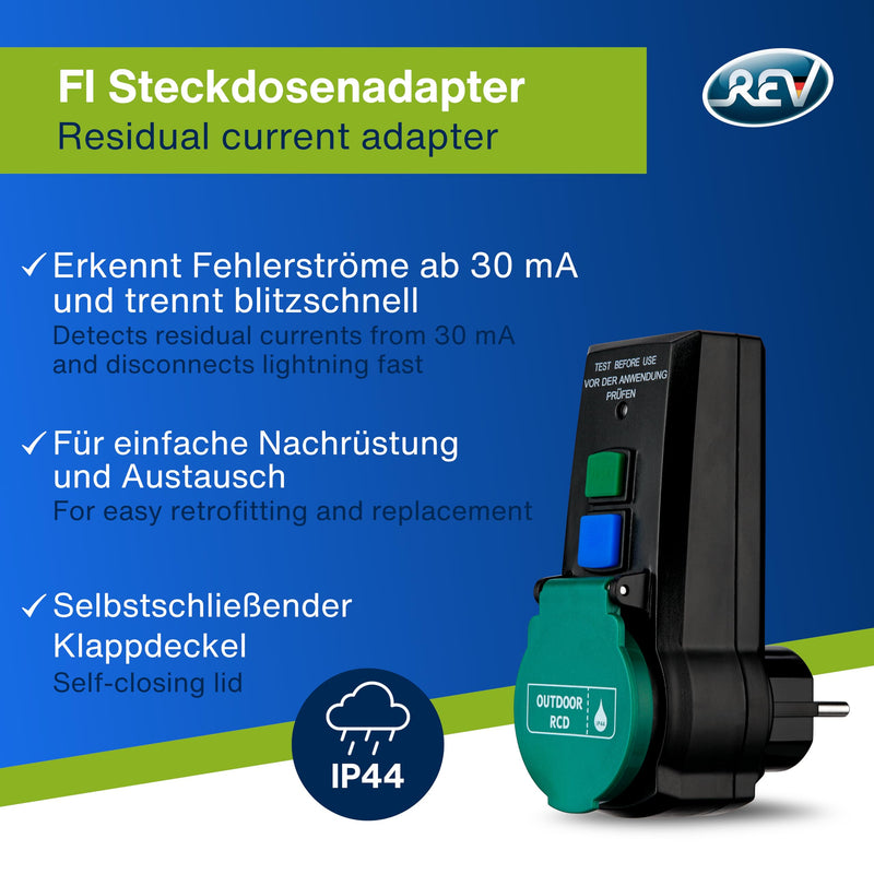 REV Ritter 0515494555 RCD Safety Adapter 16 A 0,03 A Black | Socket adapter with integrated FI protection, quick release 30 ms, for more safety FI Adapter