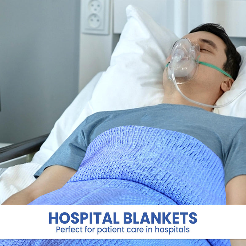 [Australia - AusPower] - Linteum Textile Supply Hospital Comfort Bundle - Blue Thermal Blanket 66x90 Inch (1-Pack) + White Classic Fitted Jersey Hospital Bed Sheets 36x84x16 Inches (2-Pack) 
