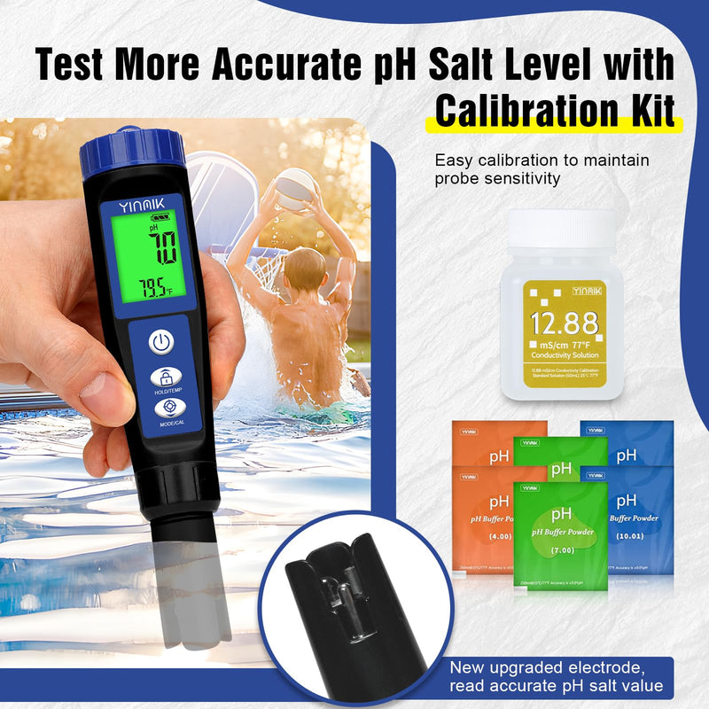 pH Salt Meter Salinity pH Tester for Saltwater Pool 6 in 1 pH Salt EC TDS ORP Temp Test Kit Pool pH ORP Monitor Hydroponic pH Conductivity PPM Reader YINMIK Salt Checker for Aquarium Koi Pond