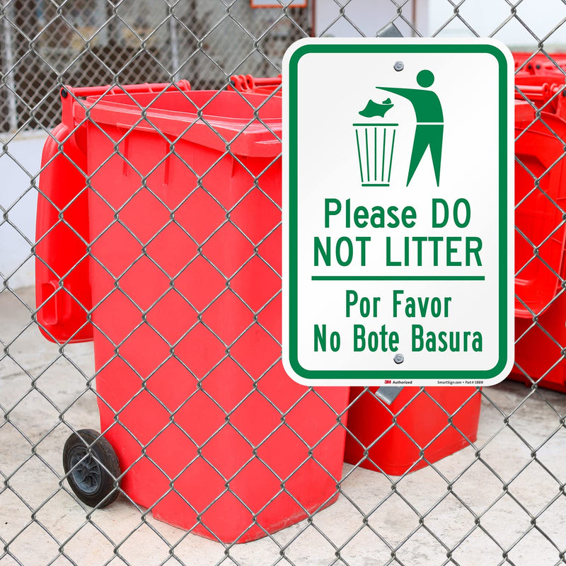 SmartSign 18 x 12 inch “Please Do Not Litter - Por Favor No Bote Basura” Bilingual Metal Sign, 63 mil Aluminum, 3M Laminated Engineer Grade Reflective Material, Green and White 12" x 18" EG Reflective Aluminum Sign