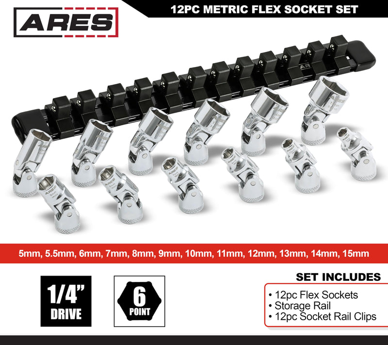 ARES 39009-12-Piece 1/4-Inch Drive Metric Flex Socket Set - 6 Point Sockets Constructed From Premium Heat Treated Chrome Vanadium Steel - Storage Rail Included 12-Piece 1/4-Inch Drive Metric Set