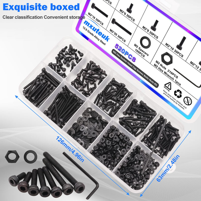 [Australia - AusPower] - mxuteuk M2 Screws Assortment,M2 x 4/6/8/10/12/16/20mm Hex Socket Head Cap Screws Bolts Nuts Kit, 520PCS 12.9 Grade Alloy Steel Assorted Screws Small Metric Screws Suitable for 3D Printer DIY 