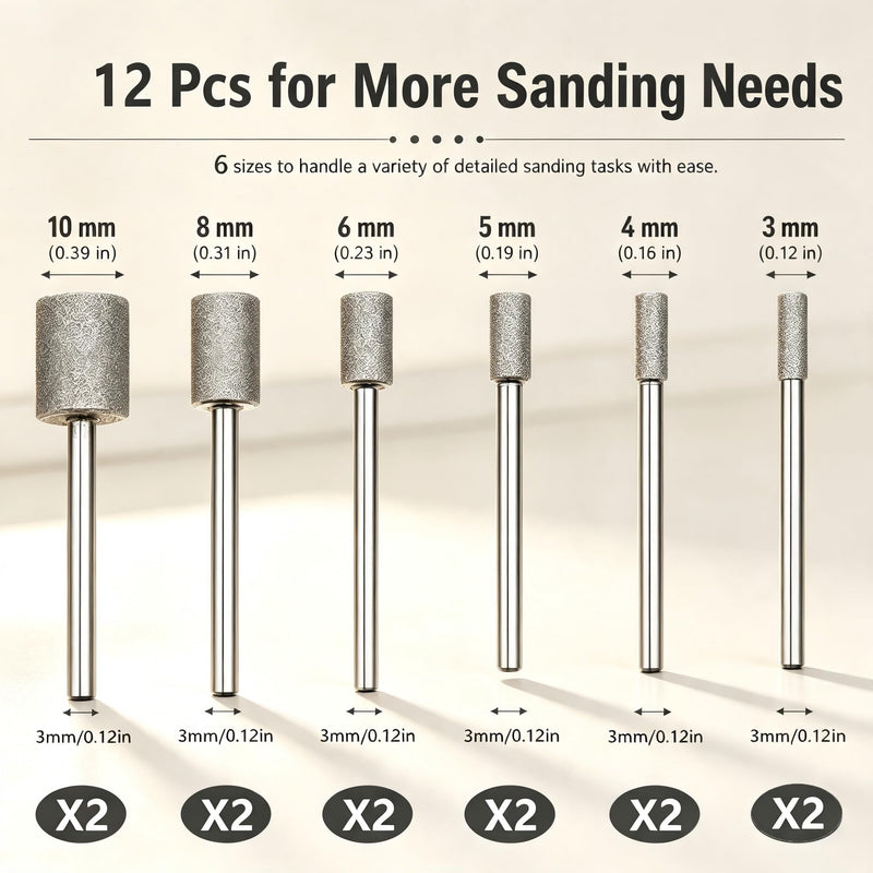 12 Diamond Burr 150 Grit Diamond Cutter with 3mm Shank Accessories Rotary Tool for Engraving, Carving, Gemstones, Grinding and Polishing on Stone, Glass, Ceramic and Jade