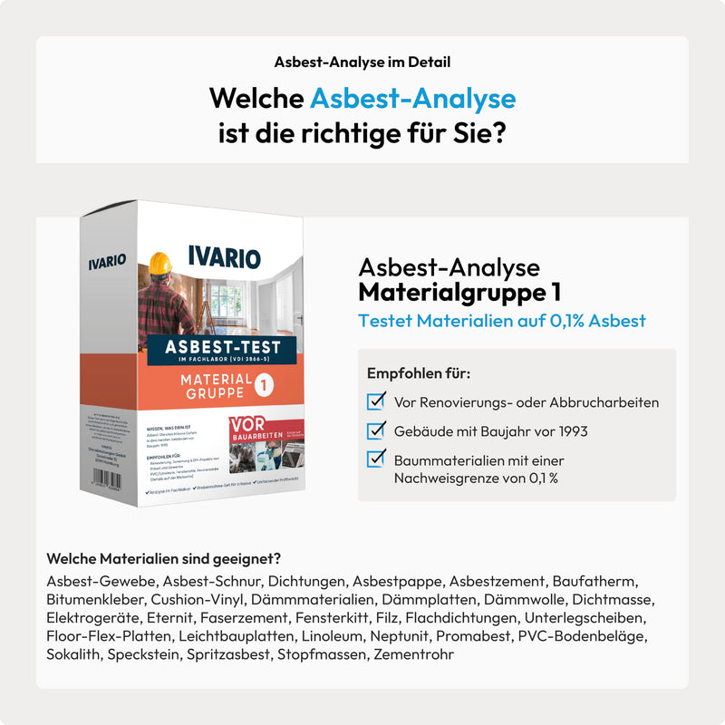 Ivario Asbestos Test Material Group 1, Laboratory Analysis | Eternit, Lenolium, window putty, cement, PVC, seals, Baufatherm, bitumen adhesive, cushion vinyl