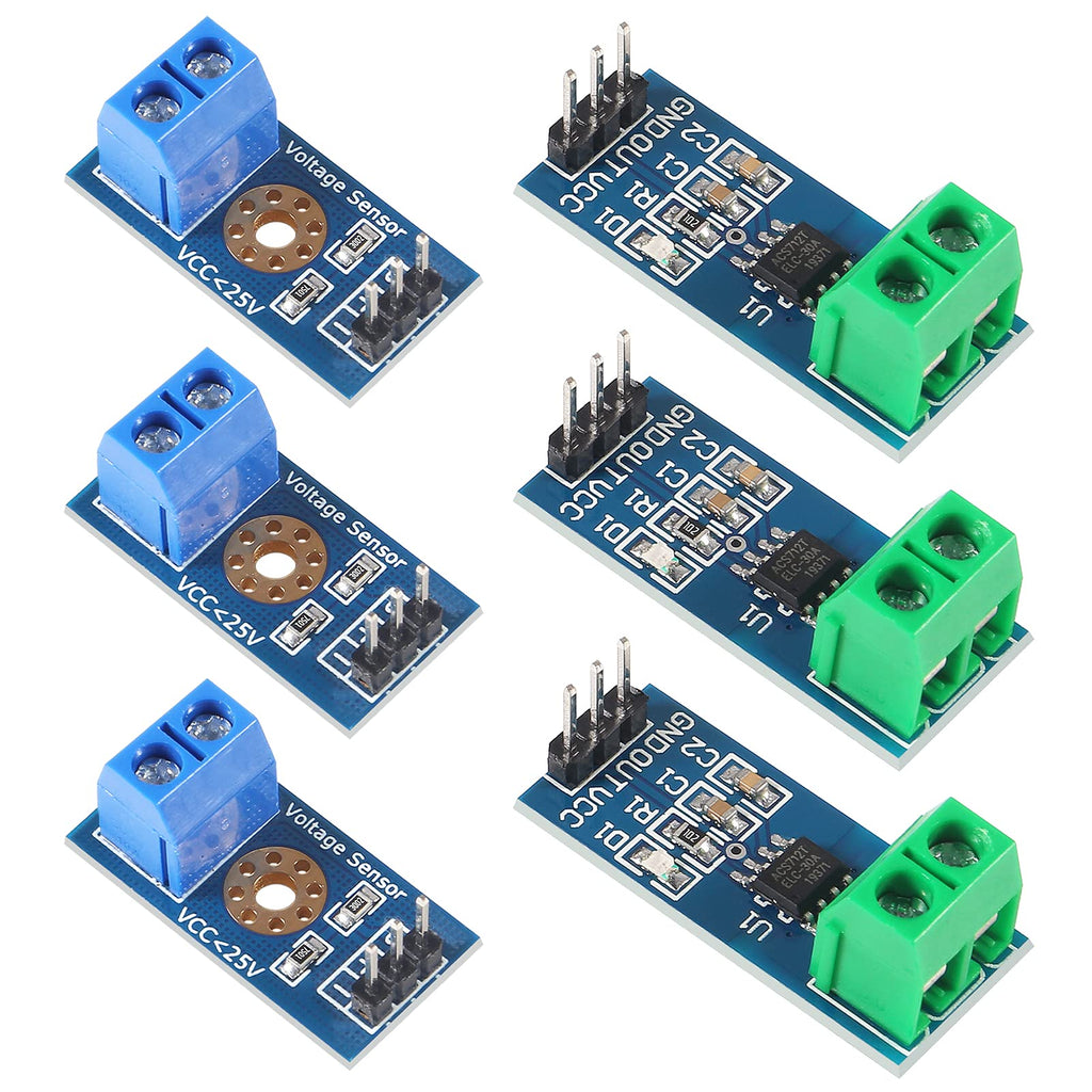 3pcs ACS712 Hall Effect Current Sensor Module 30A Range ACS712 Module + 3pcs Voltage Sensor Module DC0-25V Voltage Tester Terminal Sensor for Arduino Raspberry Pi