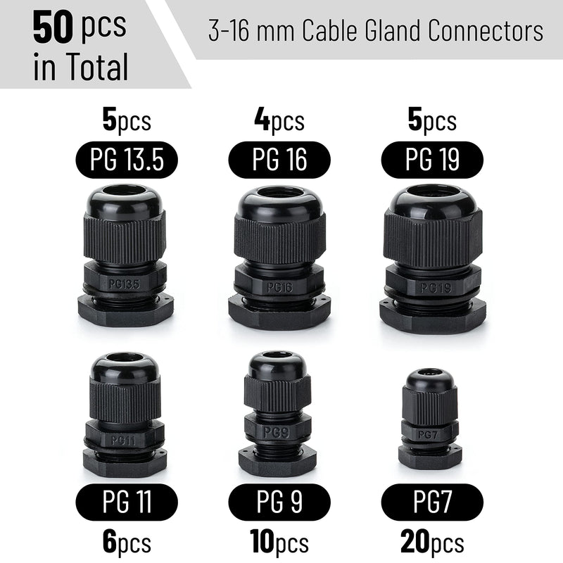 [Australia - AusPower] - Bates- Nylon Cable Gland, 50 pcs, 3-16 mm Cable Gland Connectors, PG7, PG9, PG11, PG13.5, PG16, PG19, Waterproof Cable Connector, Black Cord Grip, Plastic Cable Connector, Cable Glands Waterproof 50 Pack, PG7-PG19 