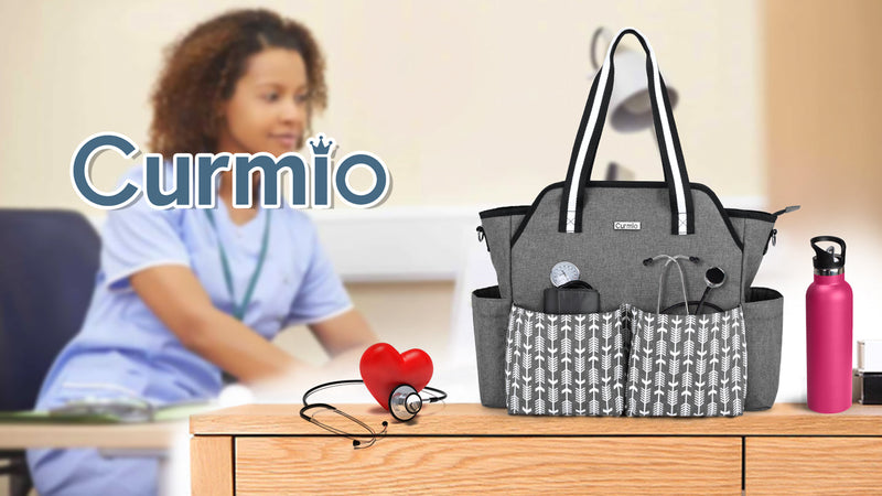 CURMIO Medical Bag for Nurses, First Aid Bag, Grey | Laptop compartment, multiple pockets, detachable shoulder strap, for general practitioners/medical students/physiotherapists/doctors/elderly care workers, Grey