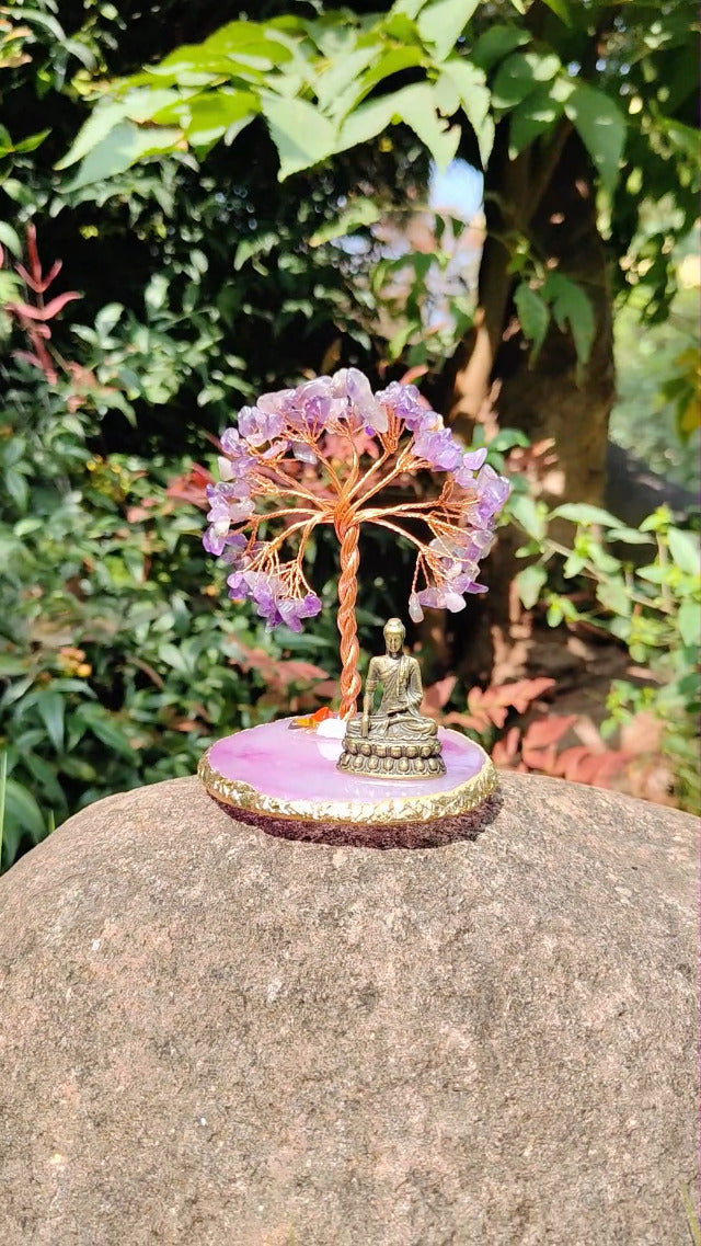 Buddha Statue with Healing Crystal Tree, Tree of Life for Positive Energy. Home Decor Yoga Meditation. Amethyst.(A) A