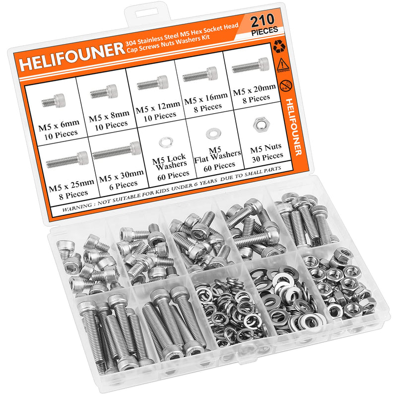 [Australia - AusPower] - 210 Pieces M5 x 6mm /8mm /12mm /16mm /20mm /25mm /30mm, Hex Socket Head Cap Screws Bolts Washers Nuts Kit, 304 Stainless Steel Socket Head Screws 