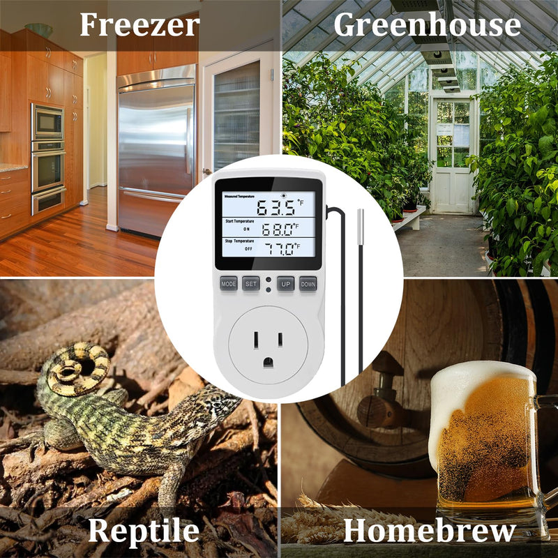 [Australia - AusPower] - Digital Temperature Controller Thermostat Outlet Plug 120V with LCD Backlight, Heating Cooling Temperature Controlled Outlet 110V 15A with 3m Sensor KT3100BL 