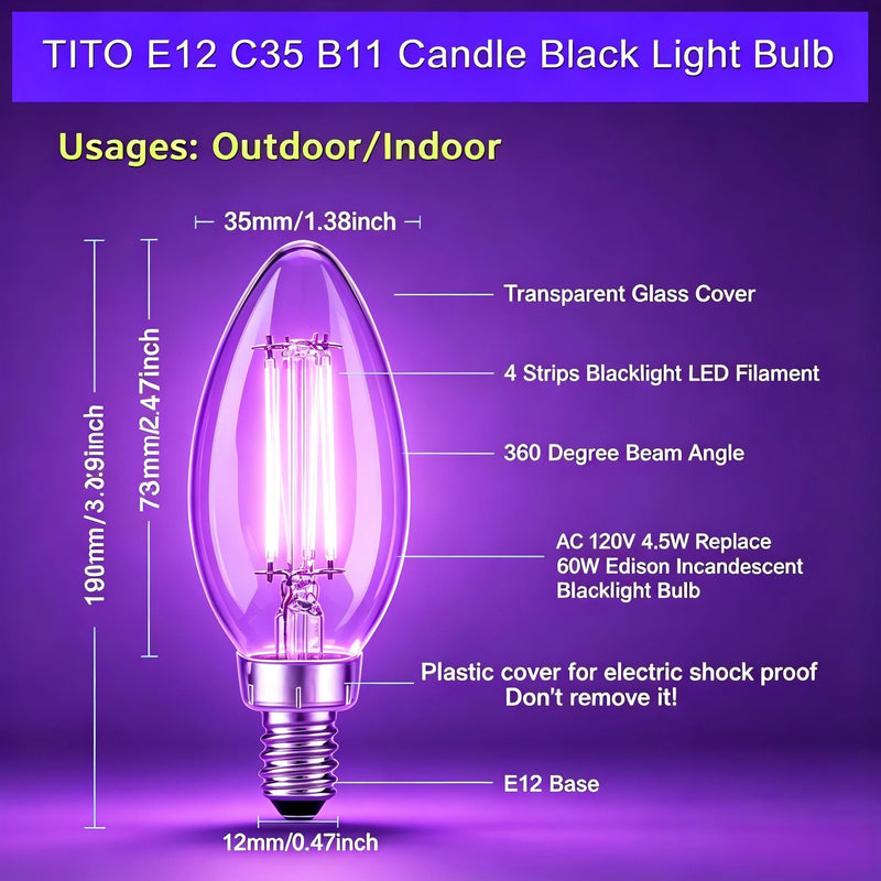 TITO 6 Pack E12 B11 395nm Dimmable Candle Black Light Bulbs Halloween Party | 4.5W Filament Candelabra Bulb 60W Equivalent｜360° Full Glow｜Low Heat｜Glow Party Fluorescent Decor Uranium Glass Curio Display