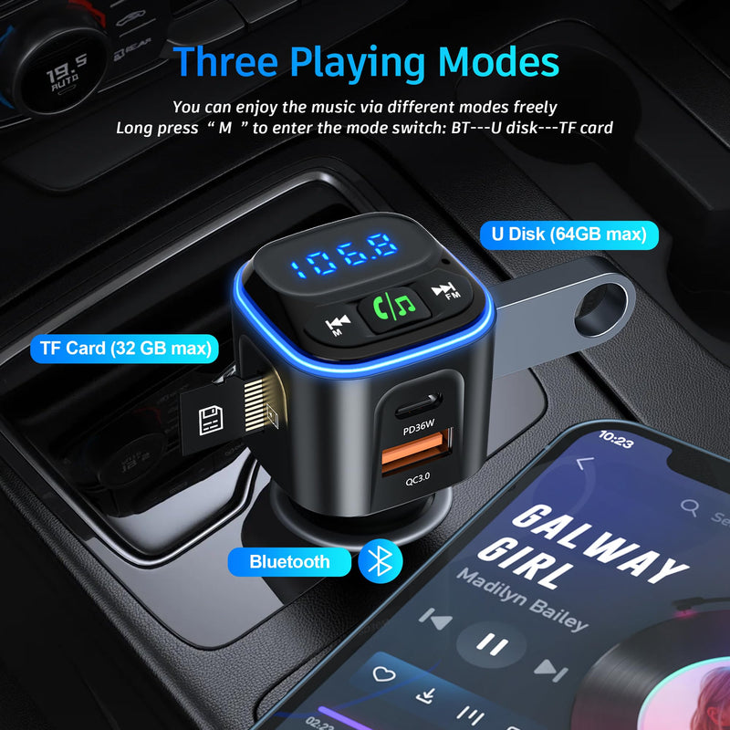 [Australia - AusPower] - Bluetooth 5.3 FM Transmitter Car Adapter [PD36W & QC18W] [Fast Charging] Wireless Radio Adapter HiFi Bass Sound Hands-Free Calling LED Display with Light Switch Support Bluetooth/U Disk/TF Card FT1017-US 