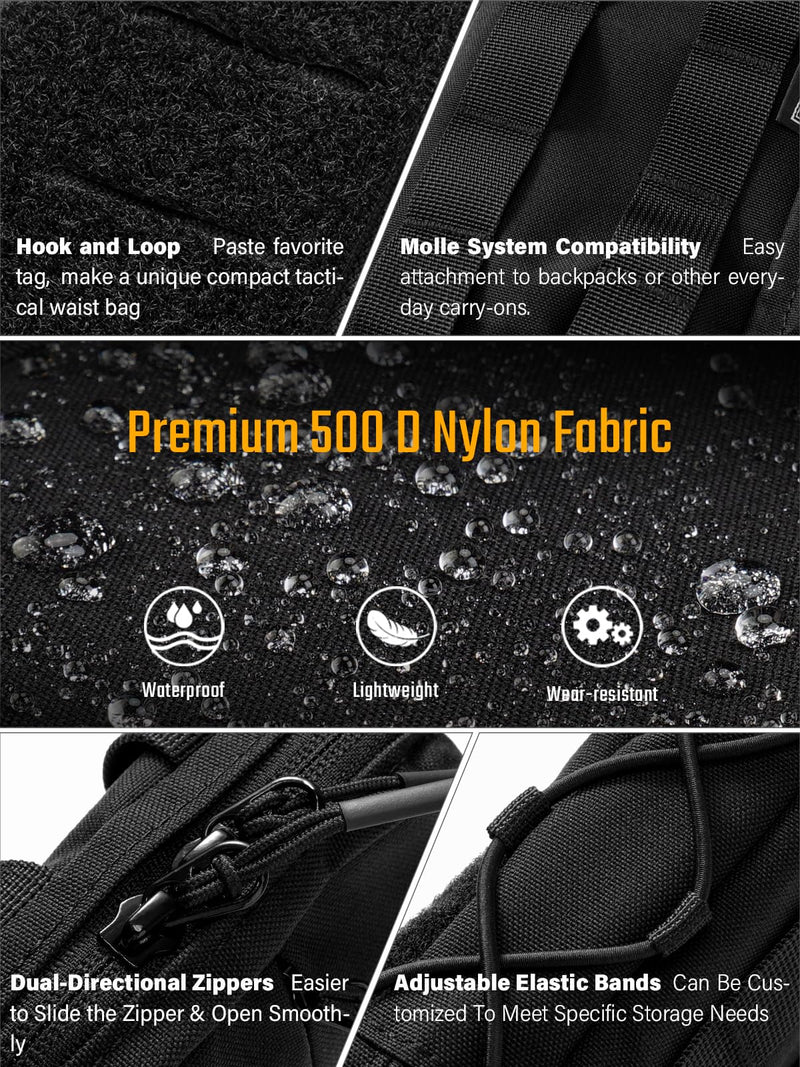 TACTICAL GEEK Block E4.0 EDC Compact Waist Pouch, Utility Pocket Organizer with Elastic Cord, Nylon Dual-Directional Zippers Tool Pouch, Multi-Purpose Small Gadget Organization for Daily Carry(Black) E4.0-Black