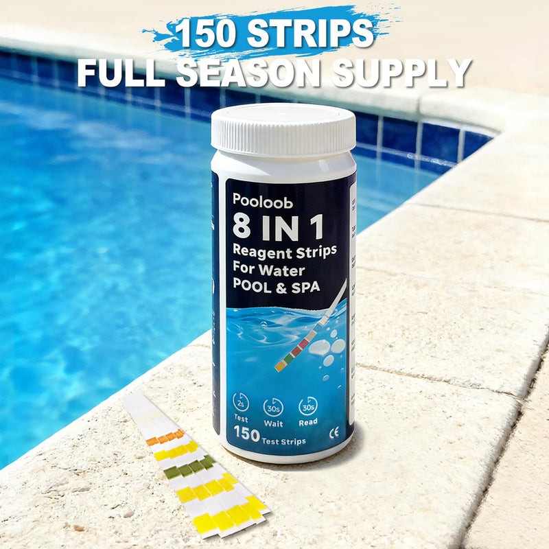 [Australia - AusPower] - Pooloob 8-in-1 Pool and Spa Test Strips, 150 Count Water Testing Kit for Saltwater & Chlorine Pools - Tests pH, Salt, Free Chlorine, Bromine, Alkalinity, Hardness, Cyanuric Acid & Total Chlorine 