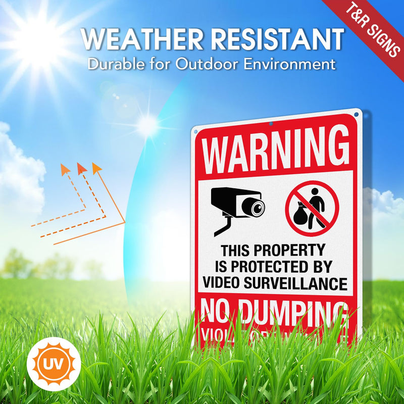 [Australia - AusPower] - T&R Large No Dumping Sign, Property Protected By Video Surveillance Sign, 14" x 10" Rust Free .040 Aluminum Reflective, Weather Resistant, Waterproof, Fade Resistant, 6 Pre-drilled Holes - 2 Pack 14" x 10" - 2 Pack 