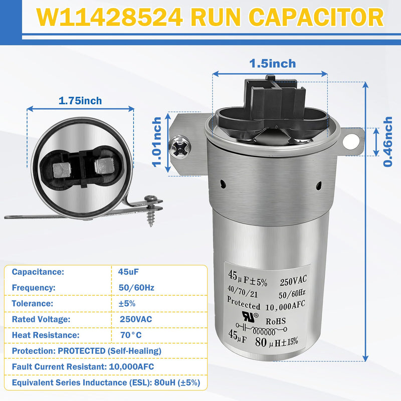 Upgrade W11428524 W11162561 Washing Machine Run Capacitor Compatible with Whirlpool Kenmore Maytag Crosley Amana Replace W10866238 W11175257 AP6981681 PS12745632 EAP12745632