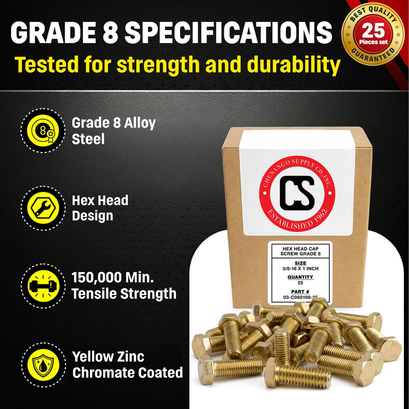 Chenango Supply 3/8-16 x 1 Grade 8 Hex Head Bolts – Alloy Steel, Yellow Chromate Zinc, 150,000 PSI Tensile Strength, High-Strength Hex Head Cap Screws, (25 Pieces, 3/8-16 x 1 G8) 3/8-16x1" (25 pcs)