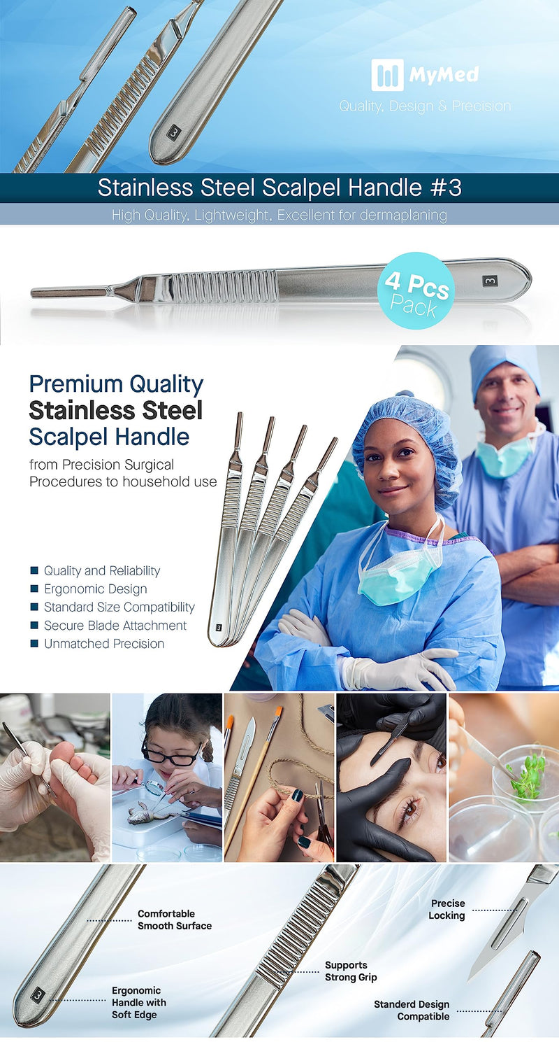 [Australia - AusPower] - Pack of 4 Scalpel Handle # 3, Premium Quality, Rust Proof Stainless Steel Scalpel Knife Handle, Lightweight and Durable,Fits Surgical Blades No. 10, 11, 12, 13, 14 and 15 