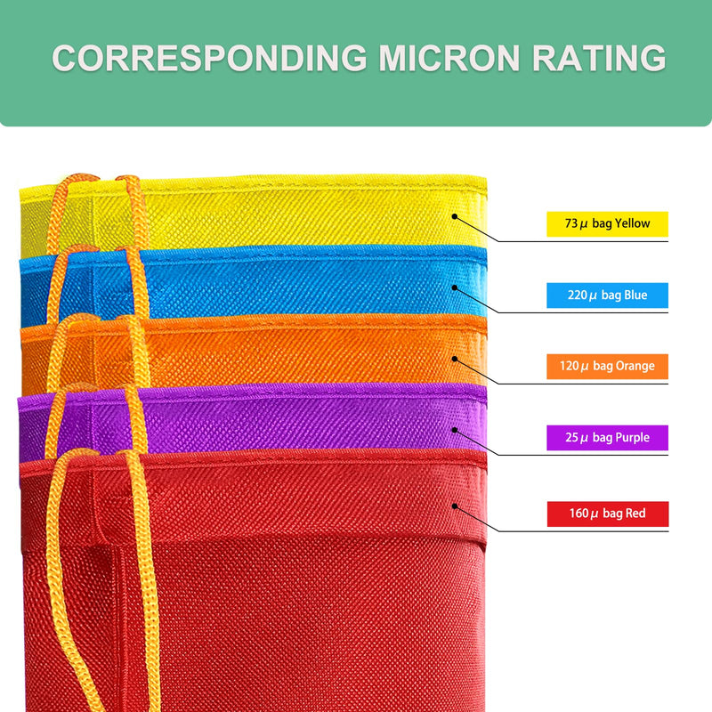 5 Pack 5-Gallon Filter Bag, Reusable Nylon Mesh Bags with Opening on Top with Filter Screen and Storage Pouch (220 to 25-Micron) for Hydroponic 5 Gallon