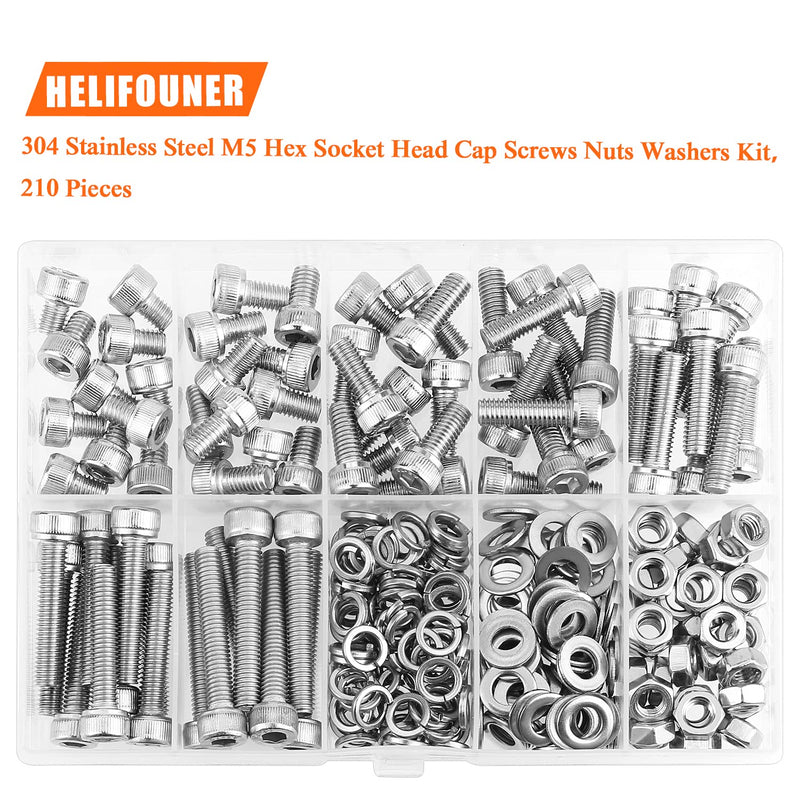 [Australia - AusPower] - 210 Pieces M5 x 6mm /8mm /12mm /16mm /20mm /25mm /30mm, Hex Socket Head Cap Screws Bolts Washers Nuts Kit, 304 Stainless Steel Socket Head Screws 
