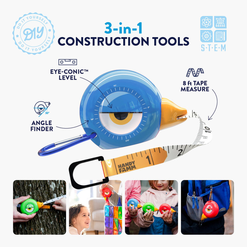 [Australia - AusPower] - 8Ft Animal Shaped Kids Tape Measurer, Fun Level and Protractor Angle Finder, Educational Children's Tools, Small Measuring Tapes for Learning Early Math Skills, Ages 3 and up, Blue Bird 
