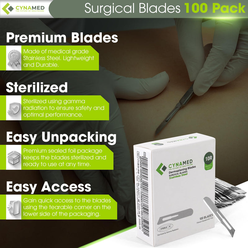 [Australia - AusPower] - Dermaplaning Kit 5PC – 100 Replacement Blades 10R, Premium Blade Remover, Precision Scissors, Hemostats, No.3 Handle & Carrying Case – Professional Exfoliation Tools for Skincare Treatments 10R Blades 