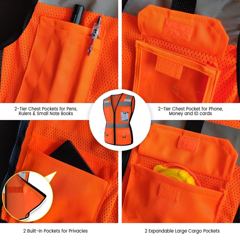 Reflective Vest for Women, Mesh Womens Safety Vest with 11 Pockets and Zipper, Hi Vis Neon Construction Work Vest for Lady Surveyors/Workers, Snugly-Fitted, ANSI Compliant (U-Orange, M) Medium Orange