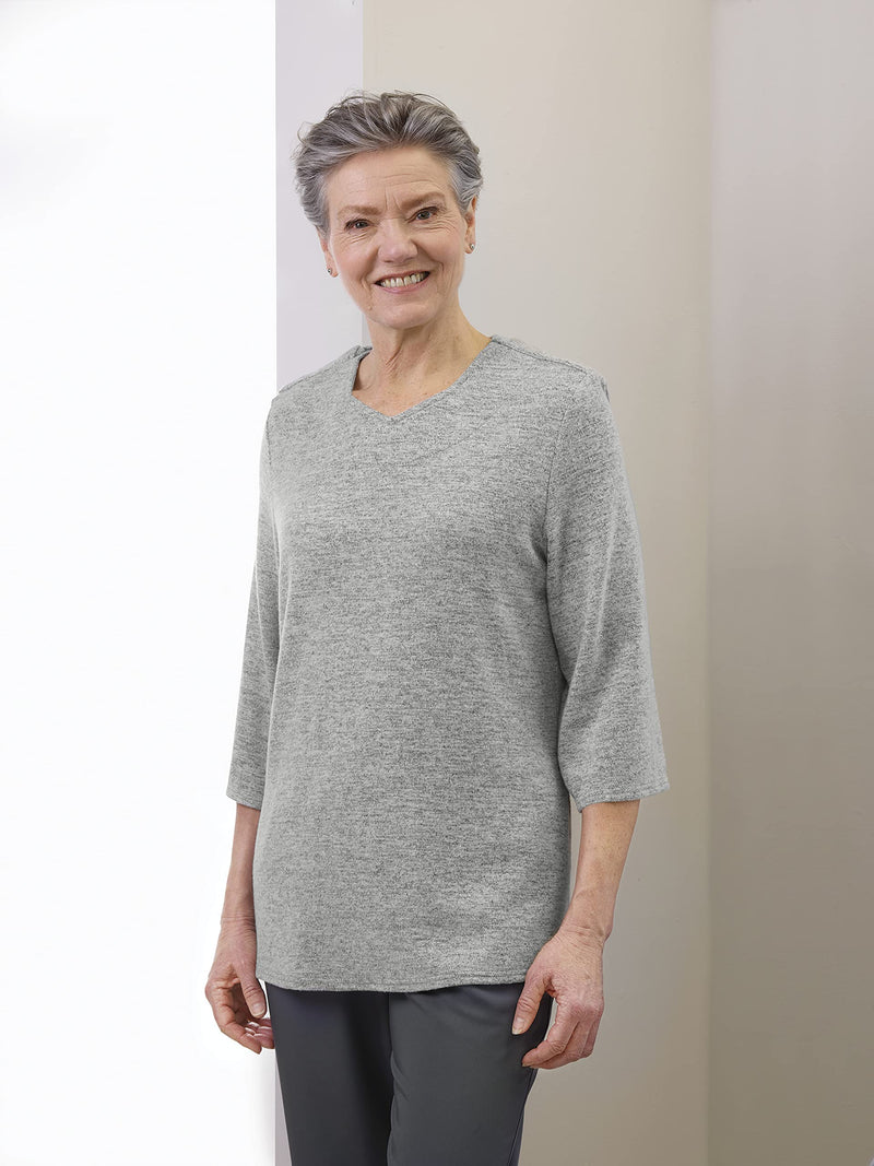 [Australia - AusPower] - Women’s Open Back Adaptive Diamond Neck Top for Seniors - Super Soft 3/4 Long Sleeve Shirt Large Heather Fog Grey 
