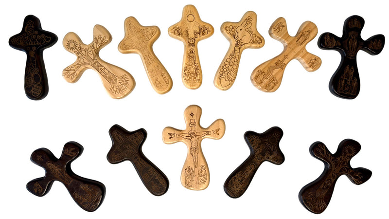 Goodangie00 Handcrafted Solid Wood Hand Held Pocket Stress Fidget Cross, Mini Double‑sided Carved Jesus Wall Crucifix Christian Gift for Home Church Daily Carry Worship Craft Religious Christmas Gift B-Wood