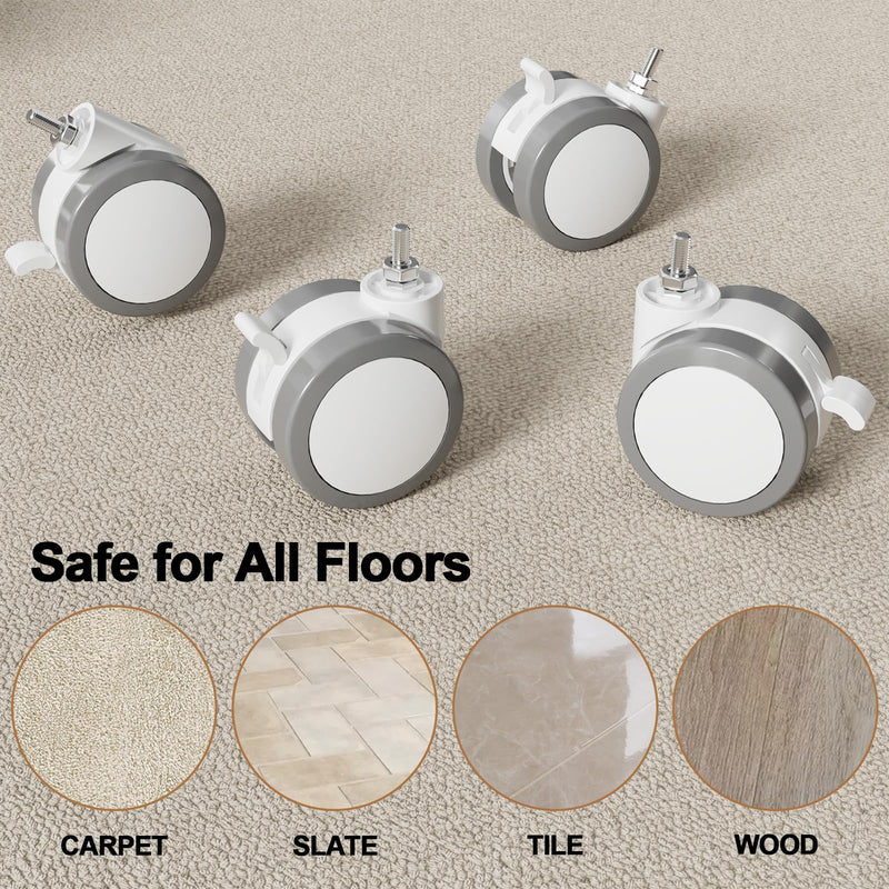 [Australia - AusPower] - JOY worker Lockable Stem Caster Wheels Set of 4, Metric M8 Nylon Threaded Swivel Caster, 2.5 Inch Stem Casters Replacement for Standing Desk & Mobile Desk, Each Load Capacity 110lbs, White 