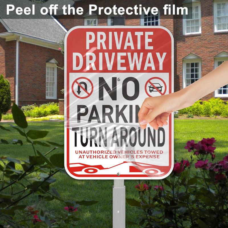 2Pack Private Driveway No Turn Around Sign, 14” x10” No Parking Signs with 36” Alloy Stake, Fade Resistant Reflective Aluminum,Waterproof, Easy to Mount 2Pack with Alloy Stake