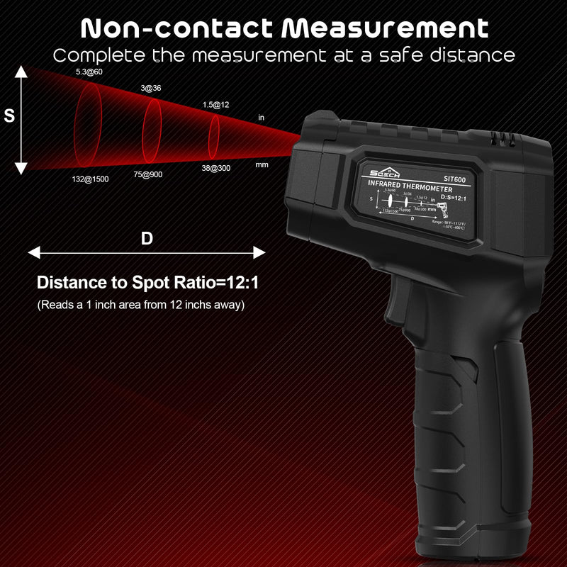 [Australia - AusPower] - SQECH Infrared Thermometer Gun, SIT600 Laser Thermometer Gun -58℉～1112℉,Non-Contact Temperature Gun with Adjustable Emissivity&Color Backlight for Cooking, Pizza Oven,BBQ,Fridge,Engine,HVAC 