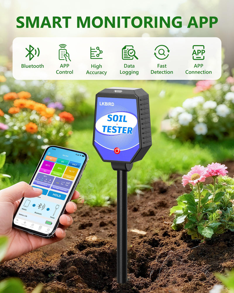[Australia - AusPower] - 8-in-1 Soil Moisture Tester with APP Monitoring, Soil Moisture pH Meter, Light, Salinity, Fertility, EC, Temperature, Humidity Soil Test Kit for Garden, Farming, Lawns, Indoor & Outdoor Plants. 