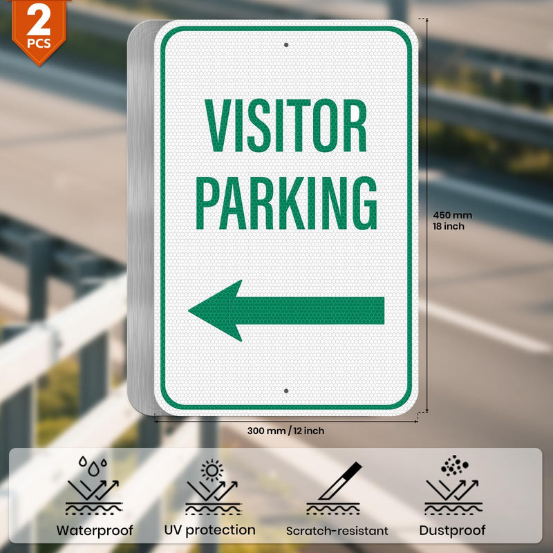 2 Pack Visitor Parking Sign with Left Arrow 18 × 12 Inches High Reflective Waterproof Aluminum Signage with Pre-Drilled Holes for Home Office Yard Private Driveway