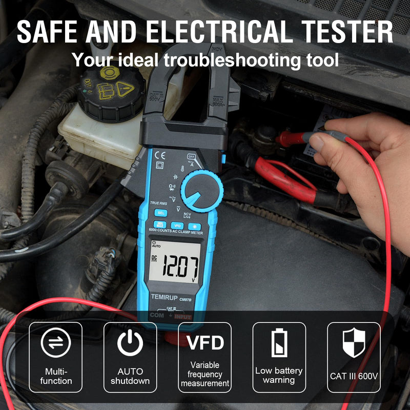 [Australia - AusPower] - Digital Clamp Meter Multimeter - TEMIRUP Auto-ranging 6000 Counts Amp Voltage Tester with D-Shaped Jaw VFD Mode, Measuring NCV, AC/DC Voltage AC Current Temperature Capacitance Resistance Continuity 600A AC Clamp Meter 